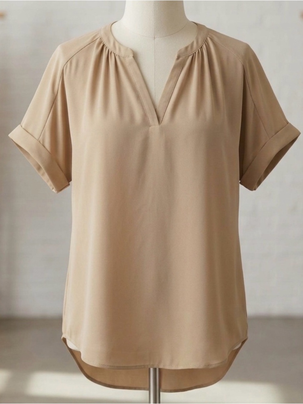 Worthington Short Sleeve Split-Neck Blouse - Beige